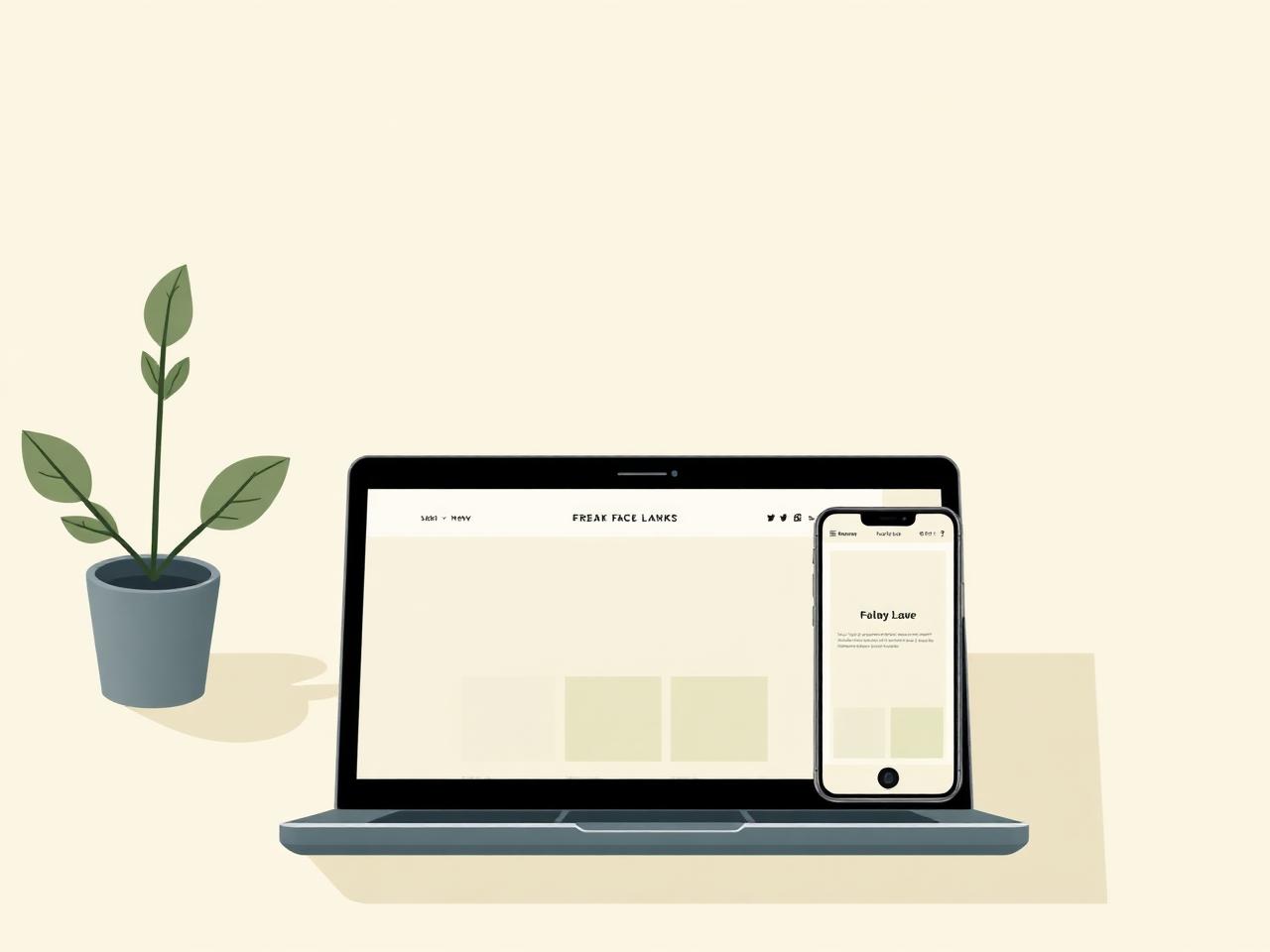 Modern sage and cream website mockups shown on a laptop and phone next to a leafy plant